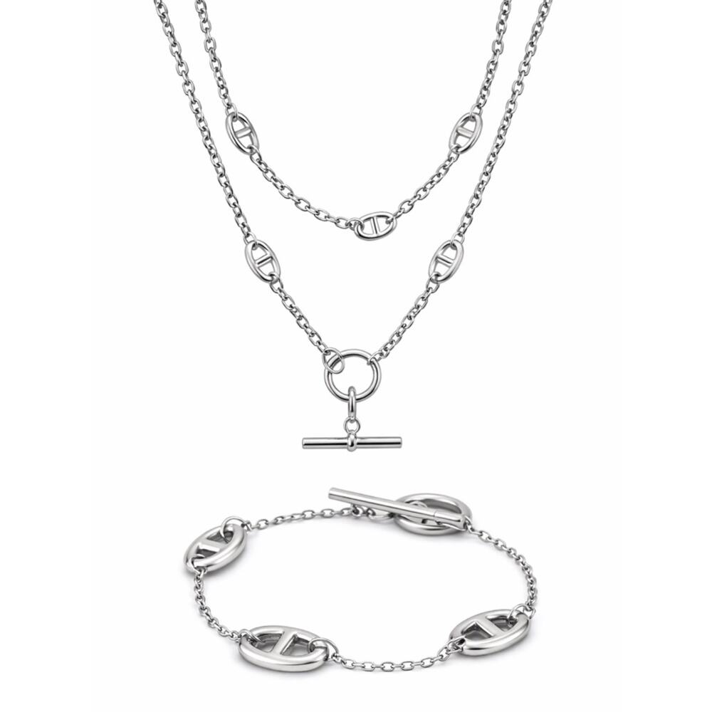 Silver Mariner Pignose Multilayer Necklace Bracelet Set Stainless Steel